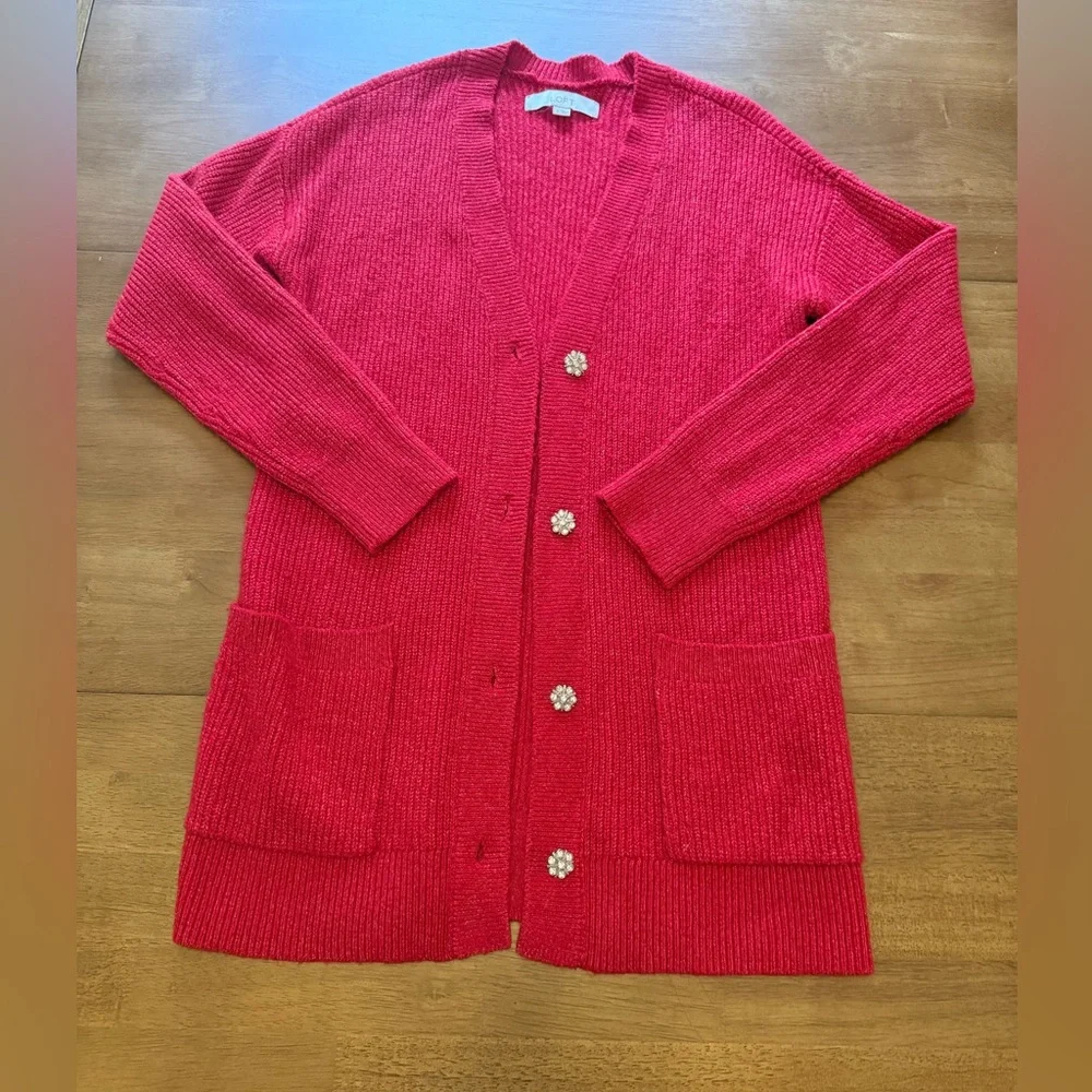 LOFT Red Jeweled Button Cardigan Sweater | Size Small | NWOT | Holiday Glam